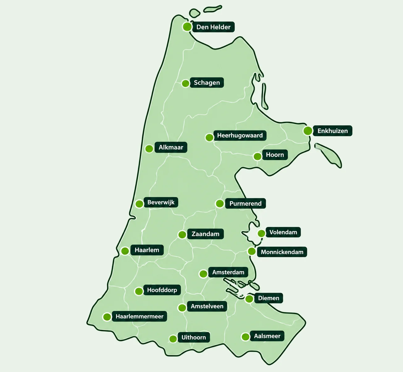 Kaart van Noord-Holland met onder meer Den Helder, Schagen, Alkmaar, Heerhugowaard, Hoorn, Enkhuizen, Purmerend, Zaandam, Haarlem, Amsterdam, Hoofddorp, Amstelveen en Aalsmeer