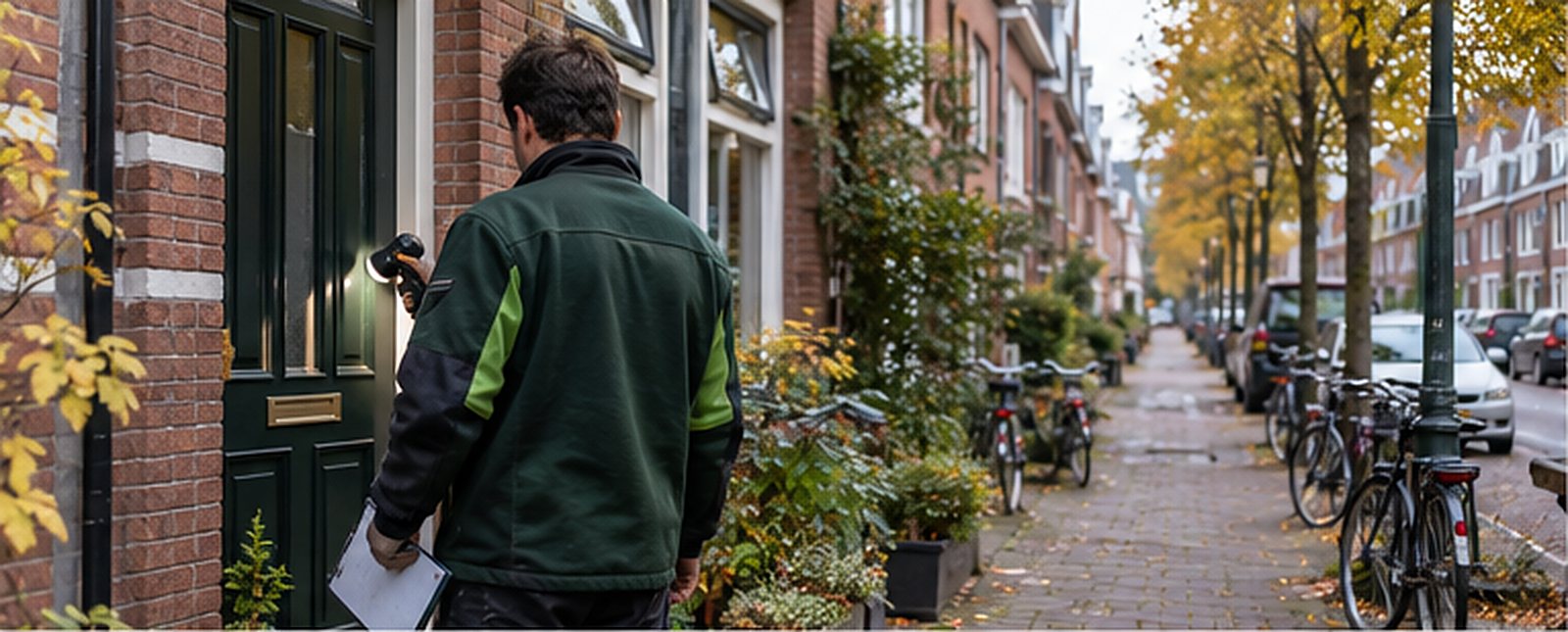 Isolatieadviseur bij de voordeur van een bakstenen rijwoning