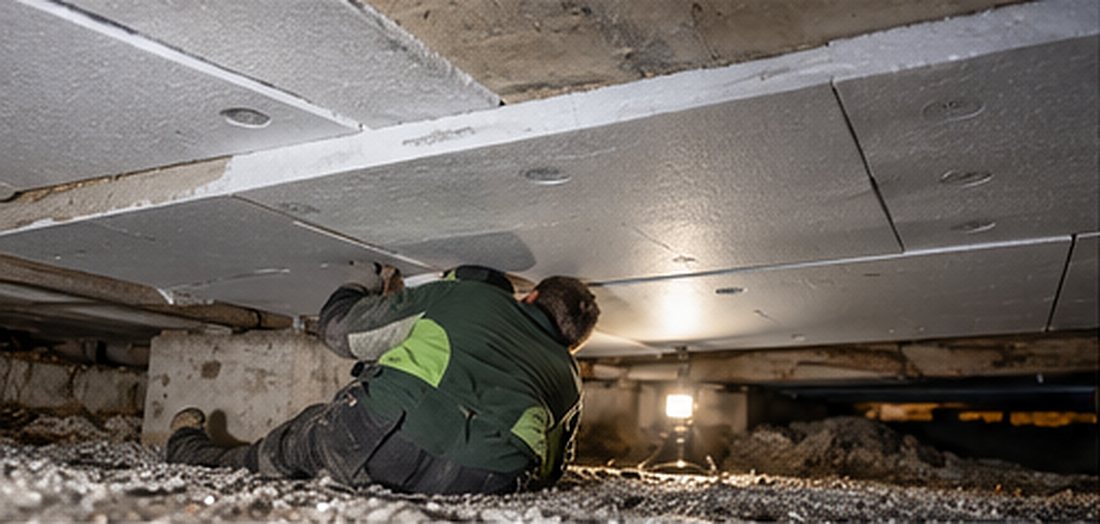 Isolatieplaten tegen de onderkant van een vloer in de kruipruimte