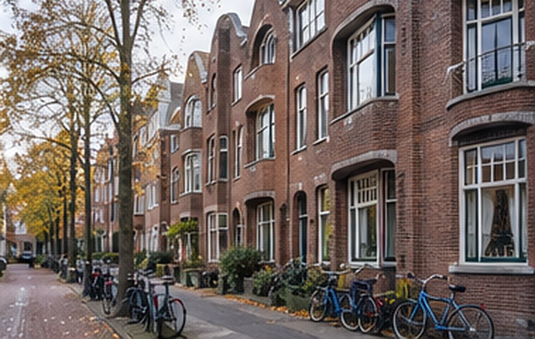 Straat met bakstenen woningen in de stijl van de Amsterdamse School