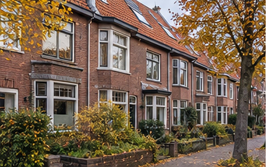 Straat met bakstenen jaren-dertigwoningen met erkers