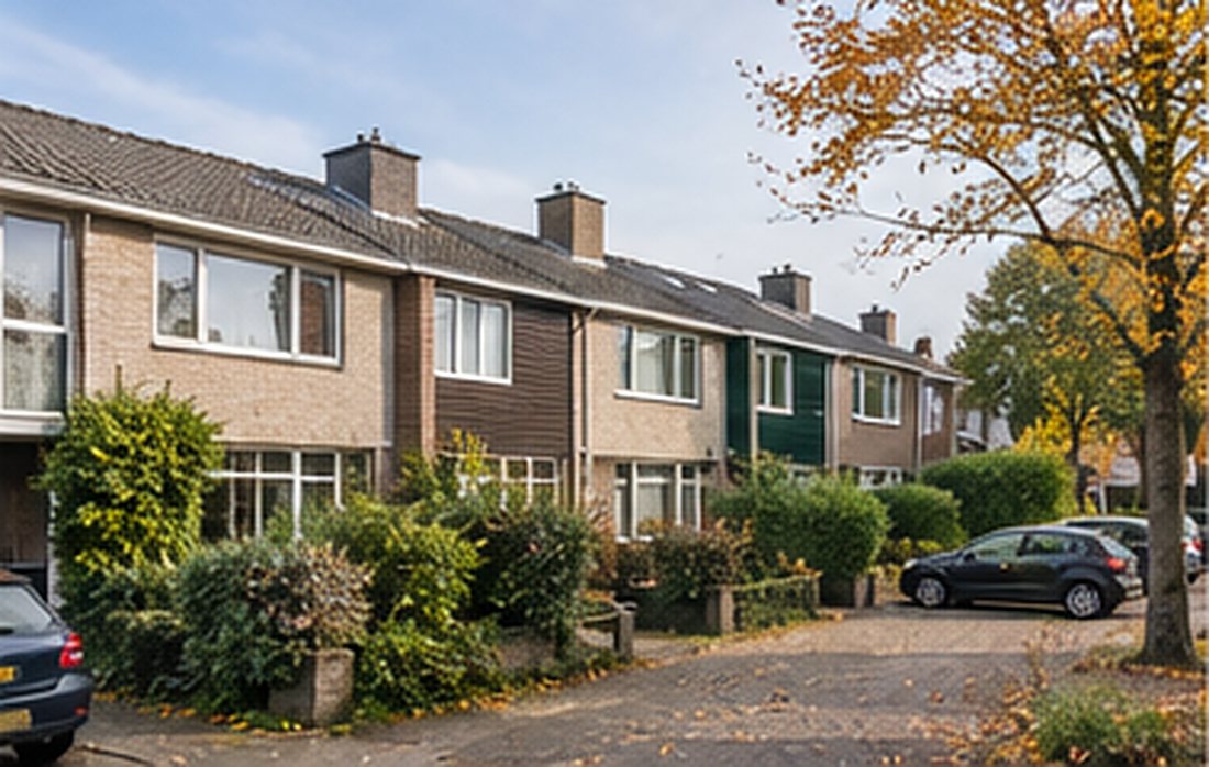 Rijwoningen uit de jaren zeventig aan een groene woonstraat