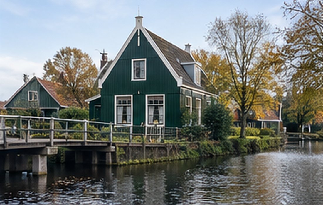Groen houten Zaans huis aan het water